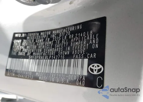 2020 Toyota Corolla L z USA, uszkodzony, nr VIN 5YFDPRAE8LP142716